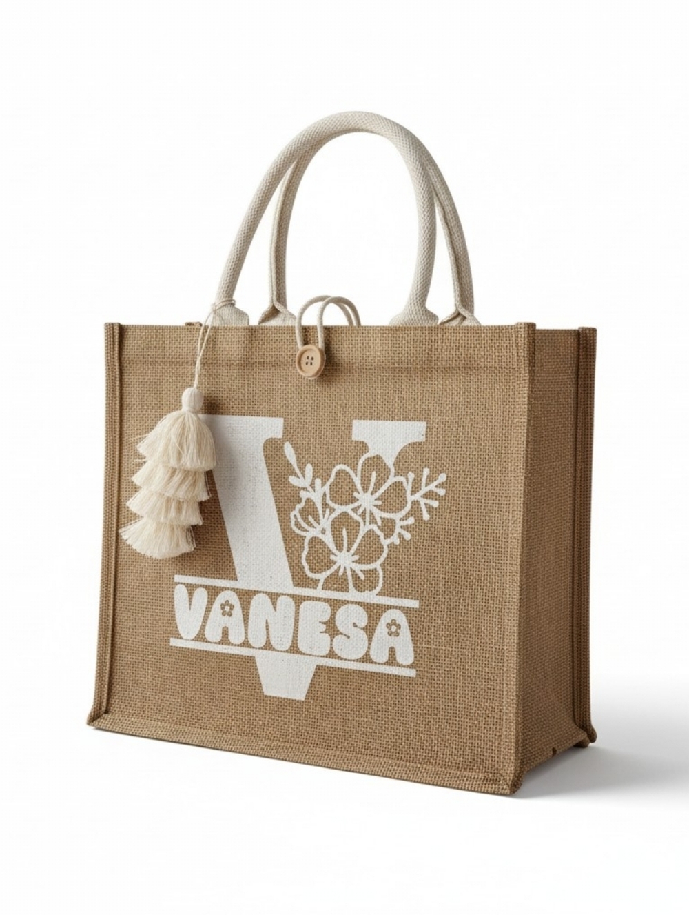 White Accent Natural Jute Tote Bag